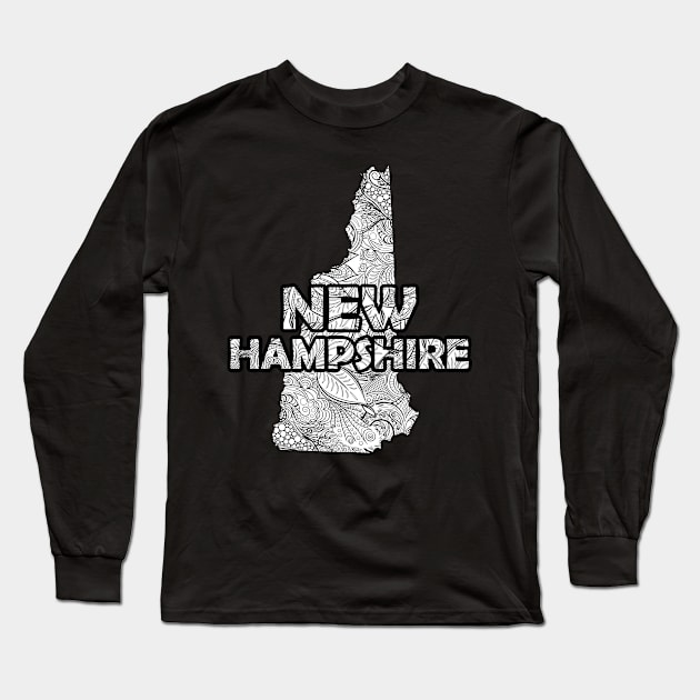 Mandala art map of New Hampshire with text in white Long Sleeve T-Shirt by Happy Citizen